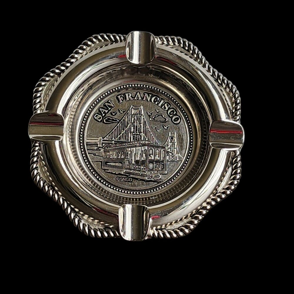 Vtg 60s 70s SNCO San Francisco Silver Metal Ashtray Cable Car Golden Gate Bridge